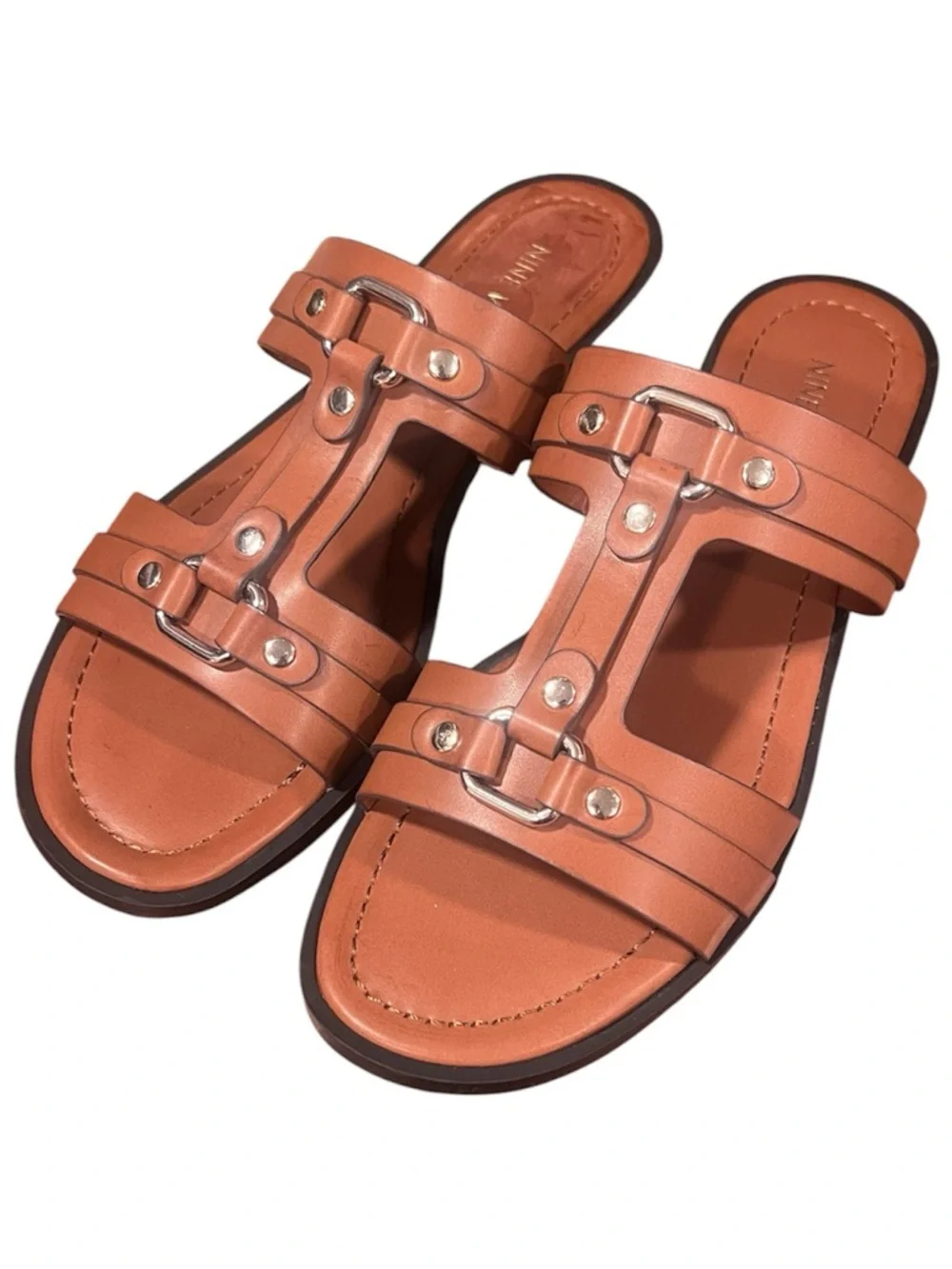 Nine West Tan Sandals Gold Buckle Detail Size 9 - Picture 1 of 7